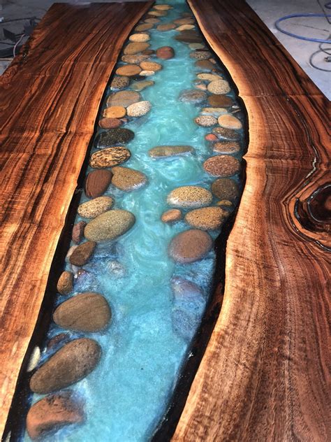 River Table Wirh Walnut And River Stone Live Edge Coffee Etsy Wood