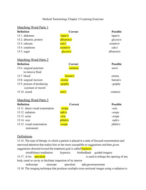 Medical Terminology Chapter 15 Learning Exercises Shorthand Medical