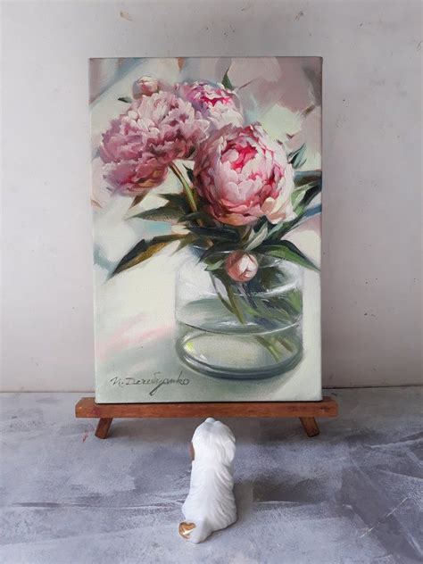 Soft and modern, the morning peony floral canvas, brings a fresh element to your home. Peonies in vase oil painting on canvas original, Flowers ...