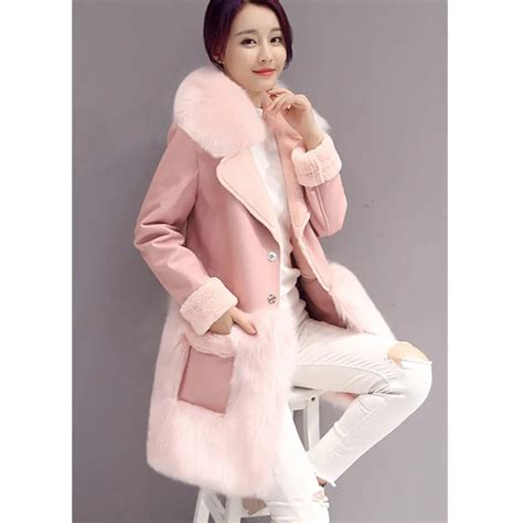 Fashion Korean Women Style Pink Pu Leather Coats Long Wide Waist Patchwork Plus Xxxxl Faux Fox
