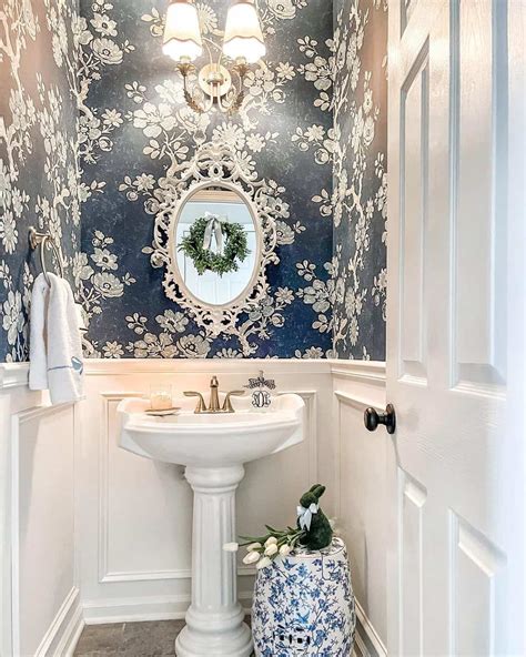 Powder Room With White Wainscoting And Pedestal Sink Soul And Lane