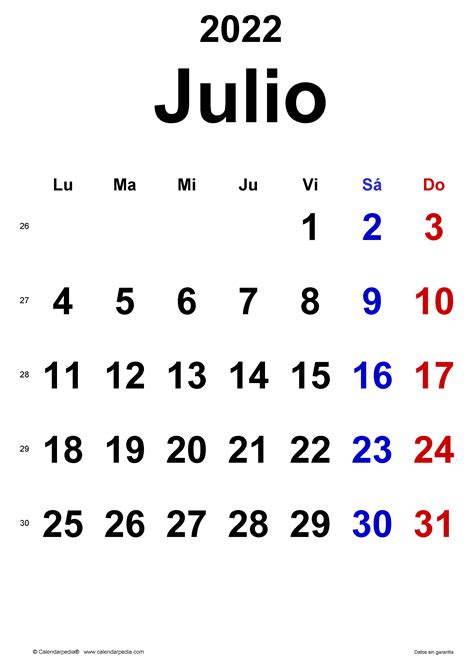 Calendario Julio 2022 En Word Excel Y Pdf Calendarpedia
