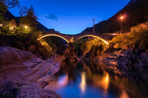 Switzerland Rivers Bridges Night Street Lights Crag Lavertezzo