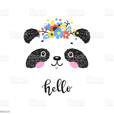 Cute Panda Bear With Floral Wreath And Hello Word Vector Illustration