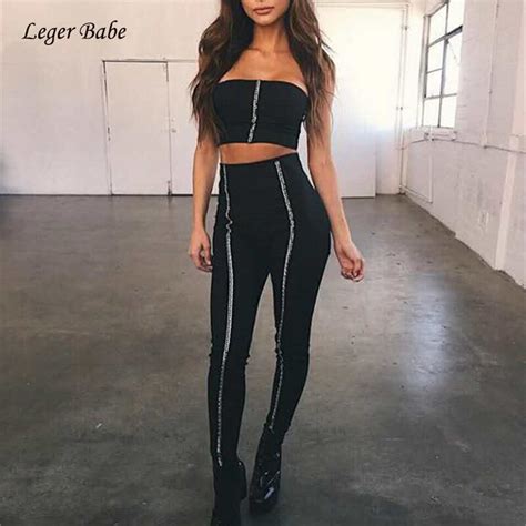 Leger Babe 2018 Summer Bandage Outfit Two Pieces Set Women Black Strapless Crop Topsand Pants