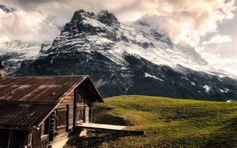 배경 화면 경치 숲 산들 언덕 자연 잔디 하늘 구름 눈 덮인 피크 선실 스위스 황야 알프스 산맥 정상