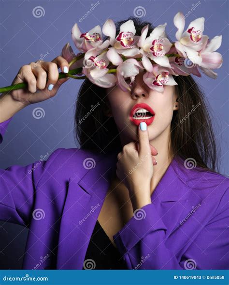 Beautiful Girl With Orchid Flowers Beauty Model Woman Face On Purple