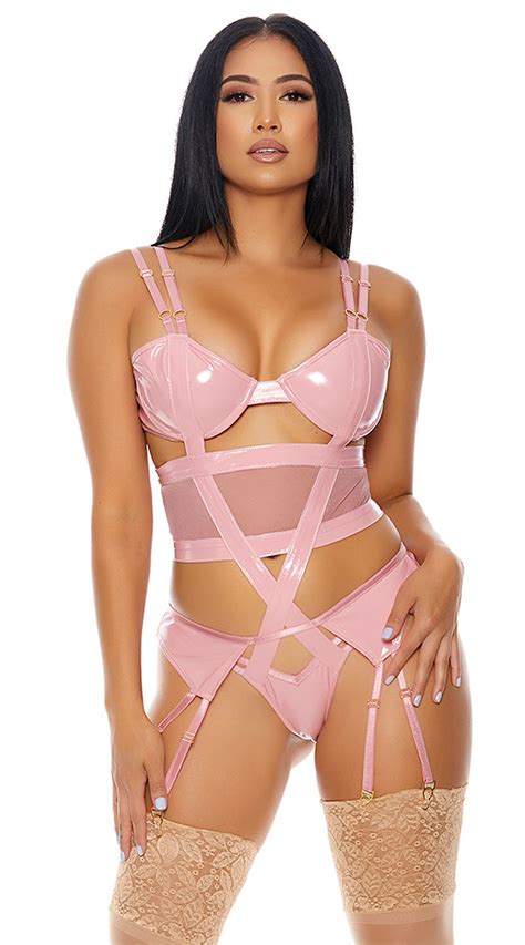 Double The Mesh Teddy Set Sexy Strappy Vinyl Lingerie