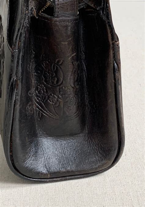 Black Tooled Leather Purse Handbag Vintage 60s 70s Hand Tooled Floral
