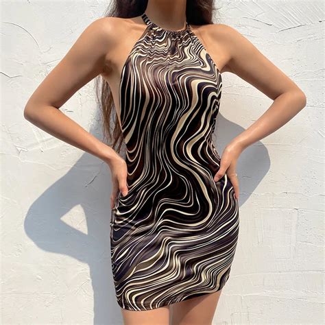 Stripe Printed Halter Neck Bodycon Dresses Women Backless 2021 Summer