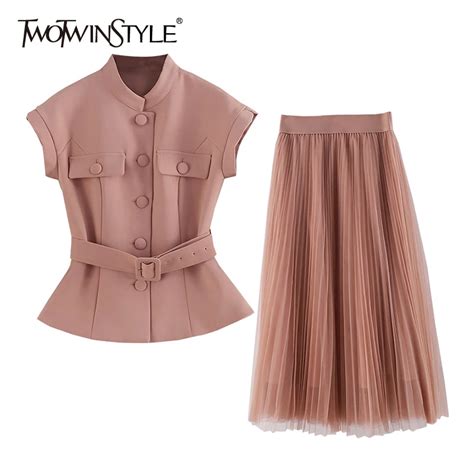 Twotwinstyle Elegant Pink Two Piece Set For Women Stand Collar Sleeveless Tops High Waist