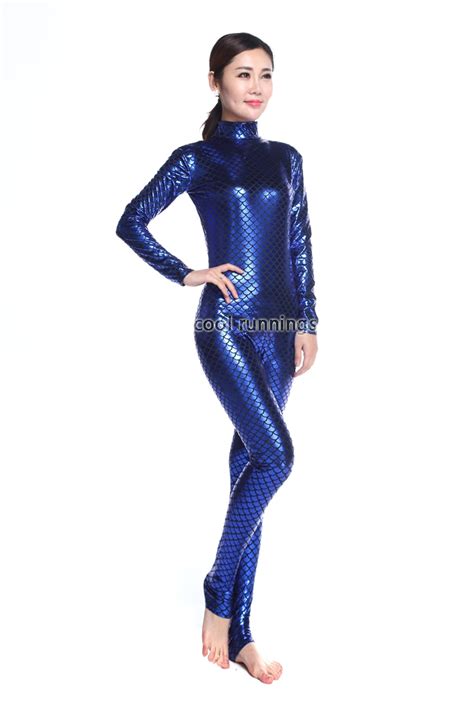 Adult Blue Fun Shiny Metallic Mermaid Tail Zentai Party Costume Bodysuit No Hood And Hands Feets