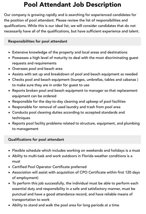 Pool Attendant Job Description Velvet Jobs