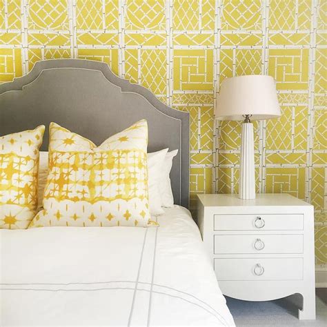 Yellow And Gray Bedroom With Yellow Chinese Lattice Wallpaper