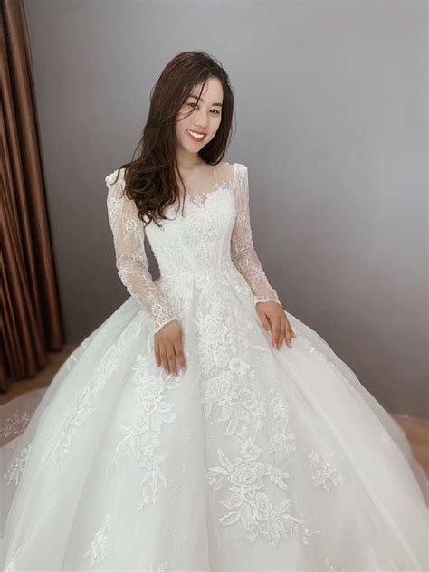 feminine long sleeves floral lace white ball gown wedding