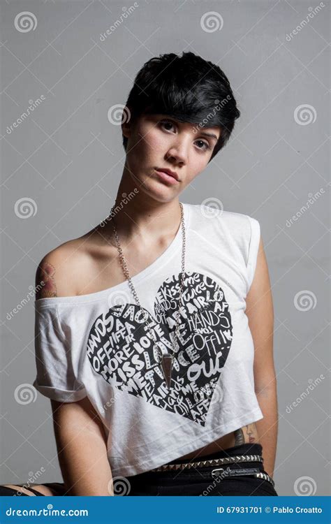 Beautiful Short Hair Brunette Woman Seated Looking At Camera Stock Image Image Of Portrait