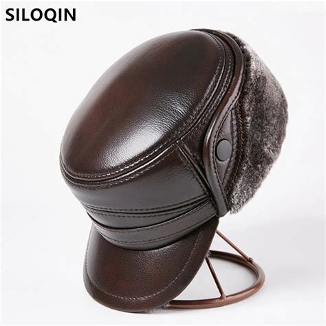 Siloqin Mens Winter Bomber Hats Natural Genuine Leather Caps For Men