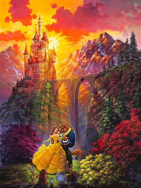 The Beauty And The Beast Are In Front Of An Image Of A Castle With