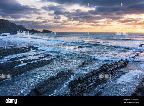 Beautiful Aerial Drone Landscape Sunset Image Of Welcombe Mouth Beach