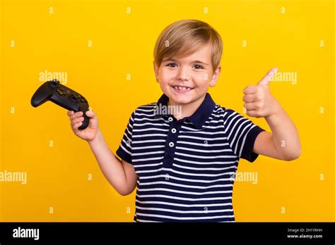 Photo Portrait Little Boy Playing Video Games Joystick Showing Thumb Up