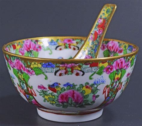 Vintage Asian Chinese Soup Rice Bowl With Spoon Porcelain With Floral