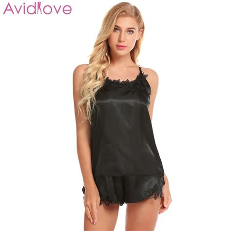 Avidlove Womens Sleepwear Sexy Satin Pajama Set Black Lace V Neck Pyjamas Summer Nightwear Sexy