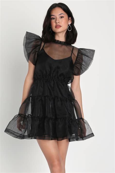 Black Sheer Mini Dress Tiered Ruffled Dress Organza Dress Lulus