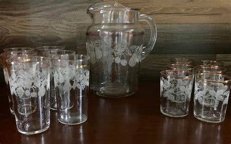 Vintage Etched Glass Pitcher With Matching Glasses Kitchen Etsy