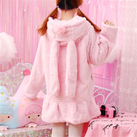 Women Winter Cartoon Coats Japanese Kawaii Sweet Bunny Long Ears Hooded Pink Hoodies Soft Sister
