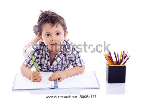Schoolboy Drawing Colored Pencils Isolated On Stock Photo 200084147