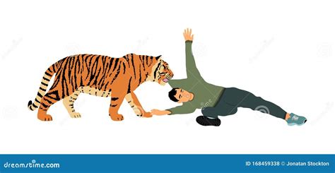 Tiger Attacks Man Illustration Isolated On White Background Wild