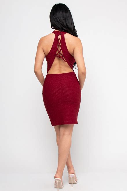 Wholesale Wine Round Neck Sleeve Less Sexy Criss Cross Open Back Midi Dress 1057d