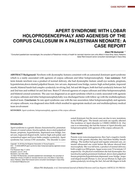 PDF APERT SYNDROME WITH LOBAR HOLOPROSENCEPHALY AND AGENESIS OF THE