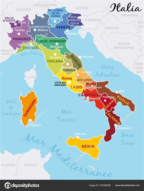 Belo Colorido Mapa Itália Com Regiões Italianas Capitais Cidades