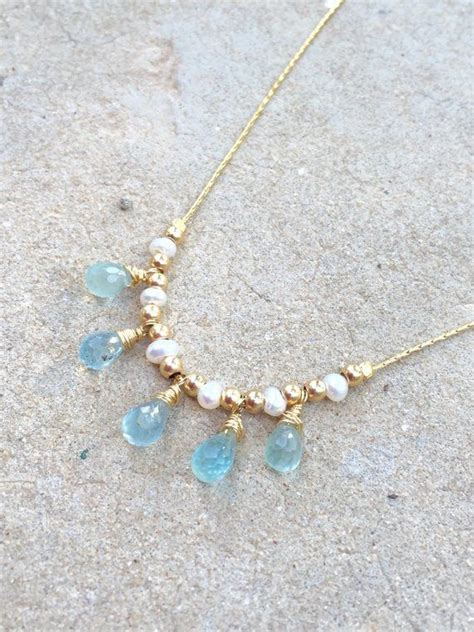 Aquamarine Drop Necklace Aquamarine And Pearls Necklace Gold Etsy