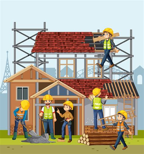 Building Construction Site With Workers 8191131 Vector Art At Vecteezy