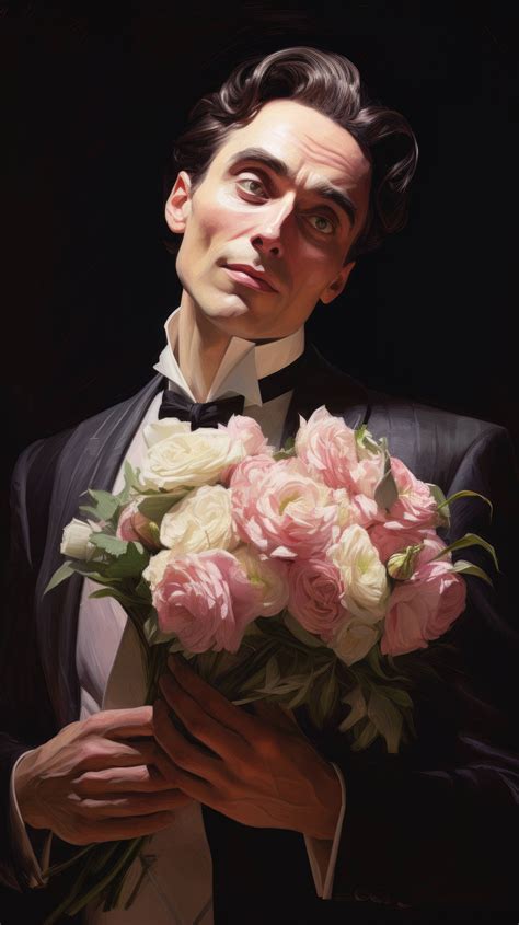 A Man Gazing Lovingly Eyes Morphing Into Throbbing Hearts As He Clutches A Bouquet Of Flowers