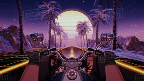 80s Retro Futuristic Sci Fi Background With Motorcycle Pov