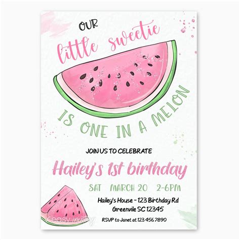 One In A Melon Watermelon Birthday Invitation Easy Inviting