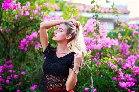 Young Woman In Flower Blooming Garden Enjoys Nature Stock Image Image
