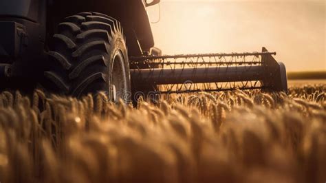 Generative Ai Closeup Modern Combine Harvester On A Wheat Field Farm