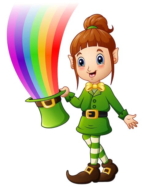 Premium Vector Cartoon Girl Leprechaun Holding Hat With Magic Rainbow