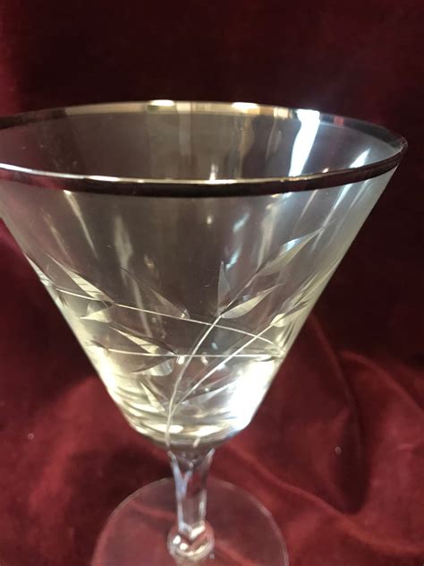 Vintage Lot 6 Etched Leaves Crystal Wine Glasses Silver Rim Etsy