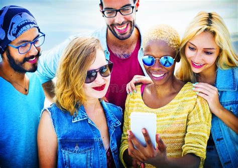 Diverse Summer Friends Fun Bonding Smart Phone Concept Stock Image