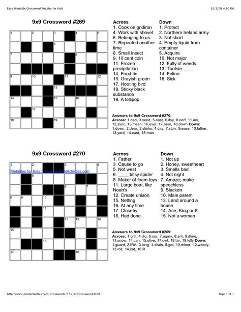 Easy Crossword Puzzles With Answers
