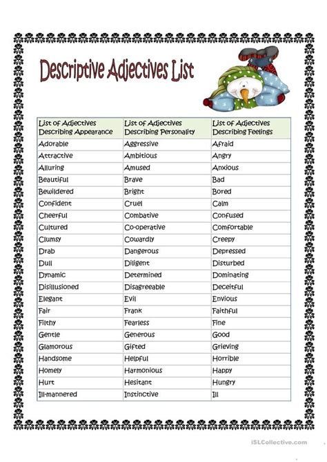 List Of Adjectives Describing People English Esl Worksheets For