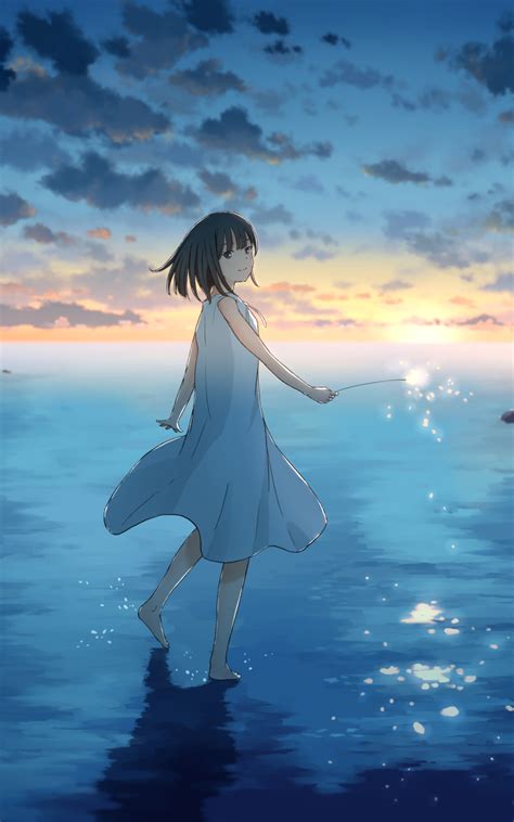 1600x2560 Cute Anime Girl Sunset Draw 1600x2560 Resolution Wallpaper