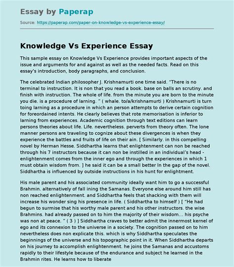 Knowledge Vs Experience Free Essay Example