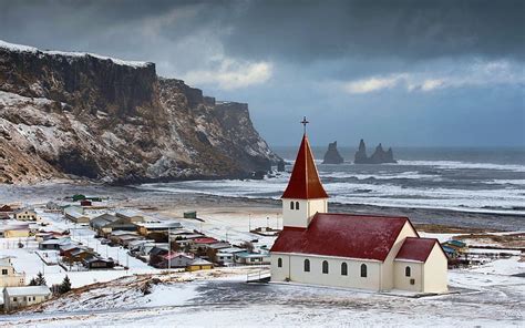 Vík í Mýrdal Iceland Sea Village Nature Cliff Church Clouds Sky