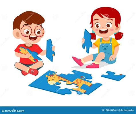 Happy Cute Little Kid Boy And Girl Play Jigsaw Puzzle Stock Vector